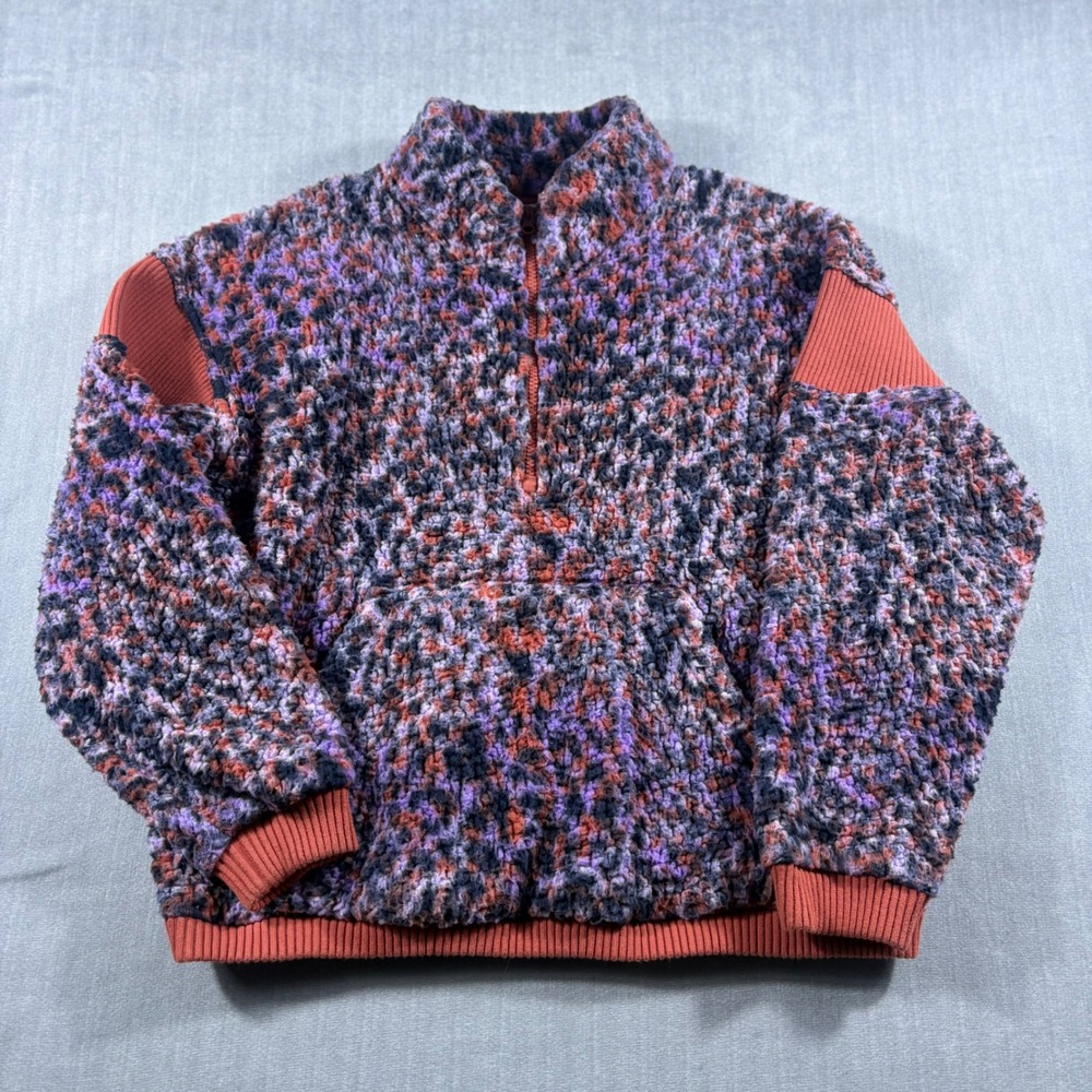 JoyLab Fleece Pullover Womens M Purple Orange Leopard Faux Fur Quarter Zip Ribb